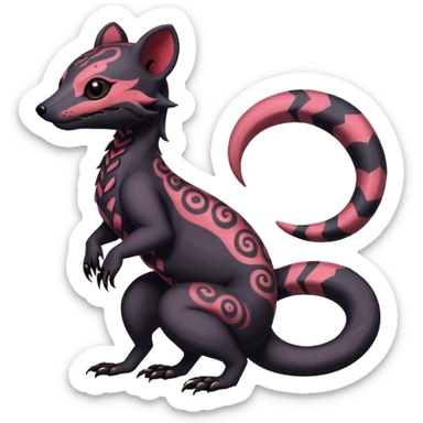 Rare warm-colored exotic gloomy tropical edgy cute epic aesthetic spooky  gothic colorful Salandit-Noibat-Civet-species-Fakemon-hybrid-creature, with tribal tattoo markings, full body sticker
