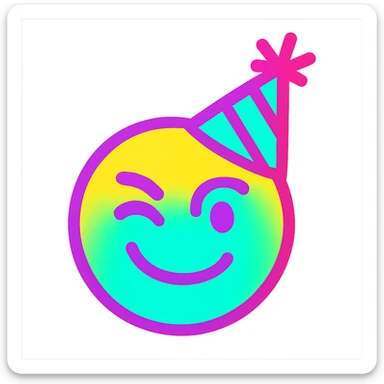 Edit the emoji to have a neon color palette, add a playful party hat as an accessory, and give a winking expression. The style should be minimalistic with bold lines, bright colors, and playful, resembling an emoji style with no background. sticker