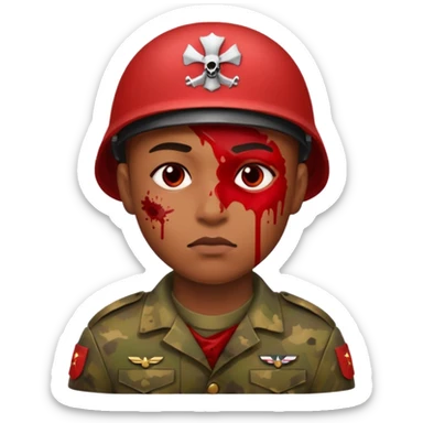 soldier with red skin tone, neutral expression, blood splatter on left cheek sticker