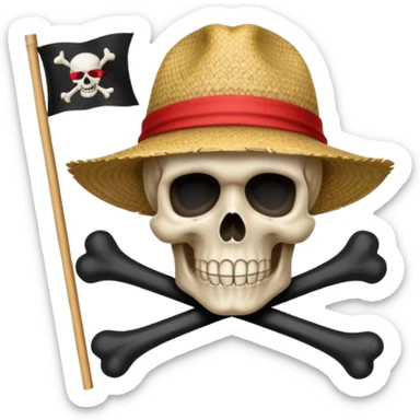 Fait moi ce drapeau 🏴‍☠️ a l'identique et met lui sur la tête de mort un chapeau de paille avec un fil rouge sticker