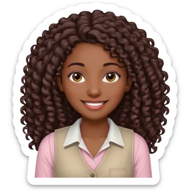 mujer morena, pelo rizado largo, sonriendo, con ojos grandes y marrones con camisa rosa palo y un chaleco blanco sticker