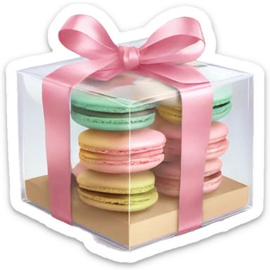 Realistic flat transparent clear take away food box with pastel macaron cookies inside the box with ribbon bow tied around the box. sticker