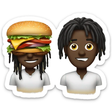 A burger with big crazy eyes with its tongue out chasing  a darkskin guy with dreads  sticker