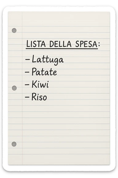 FOGLIO DI CARTA A RIGHE CON LISTA DELLA SPESA SCRITTA A PENNA:
"LISTA DELLA SPESA:
- Lattuga
- Patate
- Kiwi
- Riso", iperealistico 4k sticker