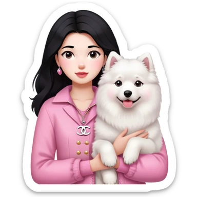 Black-haired girl in pink Chanel-style outfit with white Samoyed dog sticker