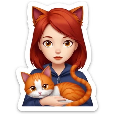 Gato con mucho pelo naranja y chica peliroja oscuro  sticker