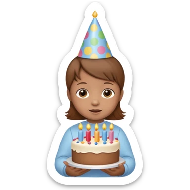 with brown hair cute baby wearing birthday hat with birthday cake sticker