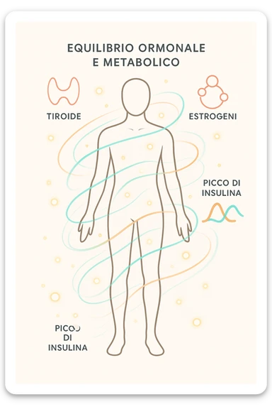 Il corpo è circondato da simboli delicati e bilanciati che rappresentano equilibrio ormonale e metabolico: piccoli cerchi, flussi energetici colorati, simboli stilizzati di tiroide, picco insulina, estrogeni. 4k immagine in italiano sticker