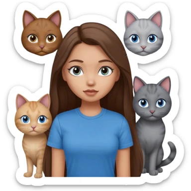 a pretty bratz dusky light skin girl with long brown hair, blue eyes with six cats nd wearing a grey tshirt sticker