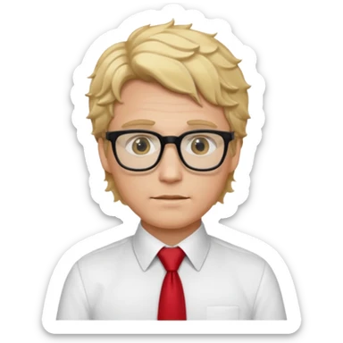 white man in white shirt, having red tie, blonde wavy hair, wearing glasses sticker