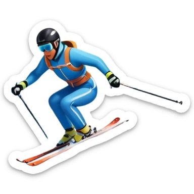 An icon featuring snowy peaks, pine trees, and a picturesque mountain landscape with a skier racing down a snow-covered slope. The sky is blue with soft clouds, capturing the thrill and beauty of alpine skiing. Transparent background highlights the excitement and serenity of winter sports. sticker