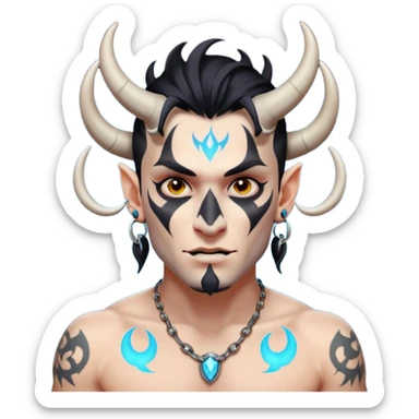 white skin Rock-style man — piercings, glowing tattoos on face, black horns sticker