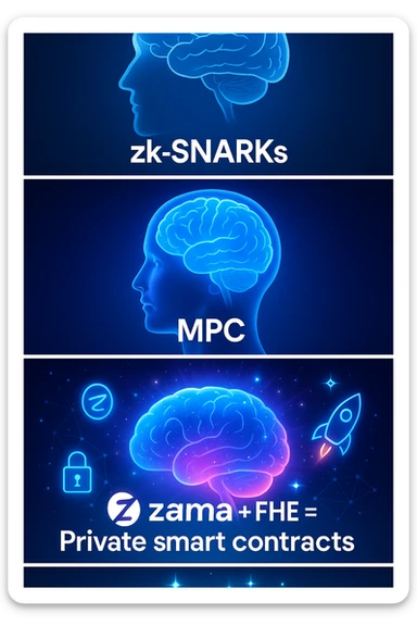 A viral meme in the 'Galaxy Brain' format. The first panel shows a basic brain labeled 'zk-SNARKs'. The second panel shows a glowing brain labeled 'MPC'. The third panel shows an exploding galaxy brain labeled 'Zama + FHE = Private smart contracts'. The tone should be funny but smart, appealing to Web3 developers and crypto users who care about on-chain privacy. Add visuals or labels that suggest Zama is a powerful, next-gen solution. Use a clean, modern visual style with bright colors. sticker