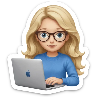 blonde girl with long dark blonde wavy hair, blue big eyes, pantos-style glasses, a brown colored sweater, sitting and looking in laptop, soft pastel, upper body shot sticker