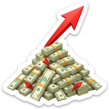 a pile of money with red arrow up sticker