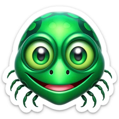 Cinematic Comical Green Bugdie Portrait Emoji, Head tilted dramatically with an exaggeratedly amused expression, featuring a striking, glossy emerald exoskeleton with bold patterns, wide, expressive multifaceted eyes filled with playful disbelief, Simplified yet hilariously expressive features, highly detailed, glowing with a slightly sassy glow, high shine, dramatic yet playful, stylized with an air of cheeky mischief, bright and endearing, soft glowing outline, capturing the essence of a spirited and over-the-top bug, so meme-worthy it feels like it could side-eye its way into internet fame instantly! sticker
