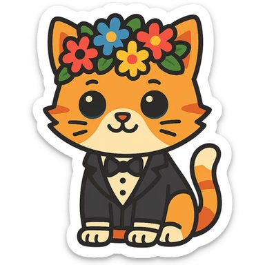 A kitten in a tuxedo with a flower crown sticker