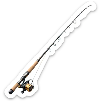 Cinematic Realistic Fishing Rod, sleek graphite rod with a smooth, polished reel, thin line disappearing into a shimmering lake, warm golden sunlight reflecting off the water, glowing with a tranquil and adventurous aura. sticker