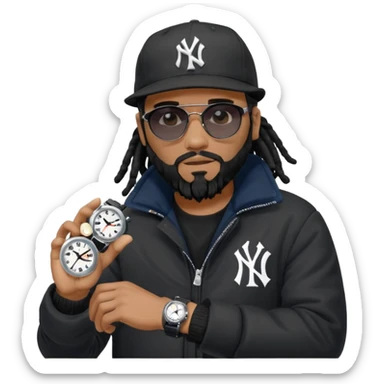 African American Man with shoulder length black dreadlocks with black beard wearing black sunglasses wearing a black bubble winter coat and a New York Yankees logo baseball cap checking the time on his wrist watch sticker