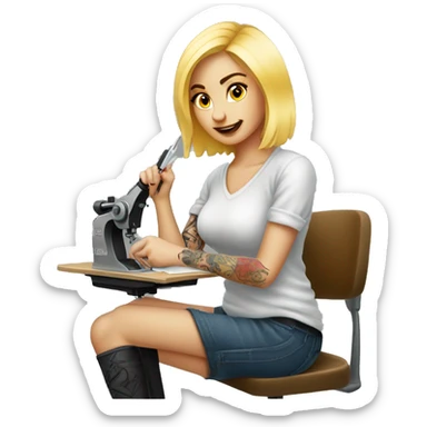 A blonde girl tattooing a post stamp sticker