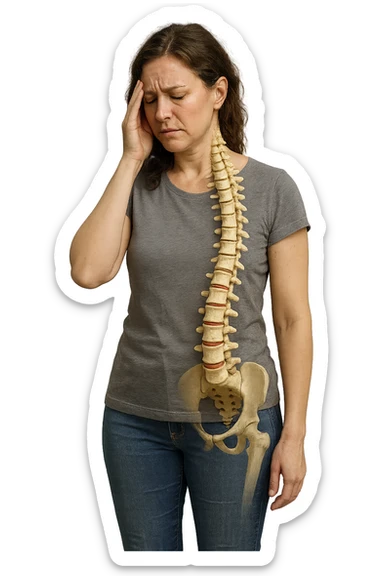 donna stanca a figura intera che si tiene una mano sulla tempia con spina dorsale anatomica visibile, iperrealistico 4k sticker