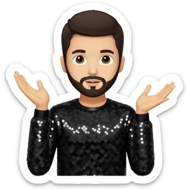 Frankie Zulferino, Pop Singer (b.1990) with dark brown hair and short beard, black sequin outfit, light tan skin sticker