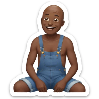 Side view Laughing telling story Old bald black man sitting wearing overalls no shirt sticker