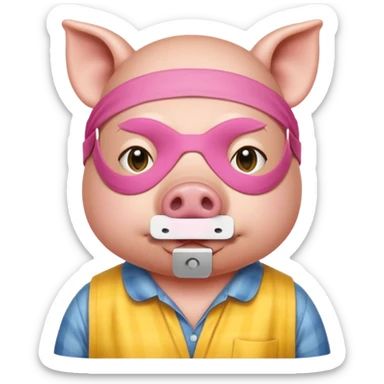 a pig with yellow sleep mask and wearing shirt sticker
