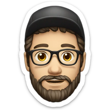 young dark-haired white man with a hat, glasses and beard sticker