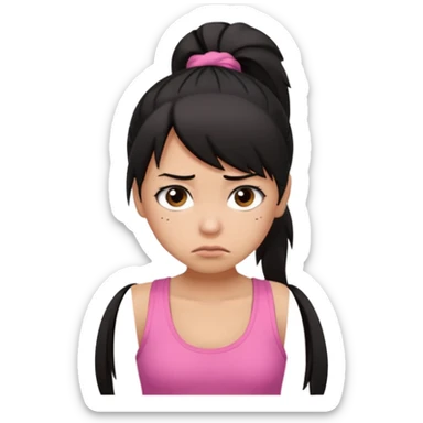 A tan girl with black hair in a ponytail. Wearing a pink tank top. Looking sad sticker