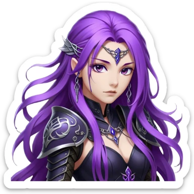 A mysterious warrior girl with long, flowing purple hair cascading down her back, strands catching the dim light like silk. Her piercing violet eyes glow. She wears sleek black armor, a perfect fusion of elegance and lethality, adorned with intricate silver engravings resembling ancient runes.  sticker