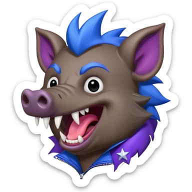 Sticker,A wild boar laughing loudly with a dark blue mohawk with purple and blue hues, wearing a black leather jacket, a wild boar with fangs, but not dangerous,  decorated with stars, ((cheerful, laugh)), surrounded by white outline, on transparent background sticker