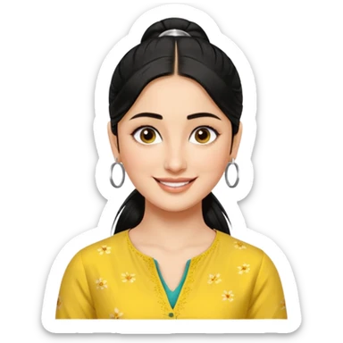 generate a pretty bratz emoji that looks like Kareena Kapoor's Geet character. 
Make her wear a yellow kurti, silver hoops, black hair in a ponytail. smiling big

She should look like Kareena Kapoor sticker