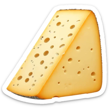 cheese wedge Tomme de Savoie, pale yellow inside, rustic thick rind in grey-brown mottled with mold, dense grainy, clean cut, earthy, soft lighting, emoji scale sticker