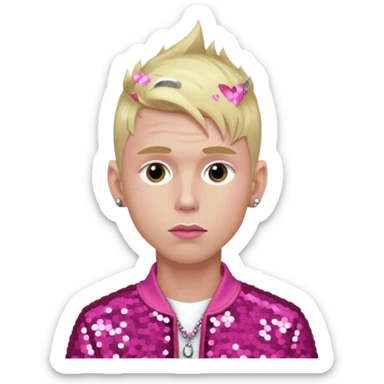 Machine Gun Kelly with blonde hair, dark pink sequin outfit sticker