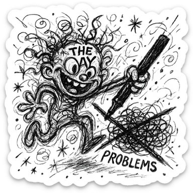 A surreal image of a day crossing out everyday problems. The day is depicted as a chaotic doodle character with a marker, crossing out a list of problems. sticker