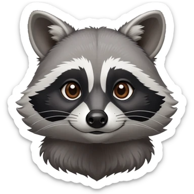 Cinematic-Noble-Raccoon-Portrait-Emoji – Poised and confident, with a sturdy build and a beautifully textured fur of silver-grey accented by dark black facial markings, deep-set, intelligent brown eyes, simplified yet sharp and sophisticated zoom out to show shoulders sticker