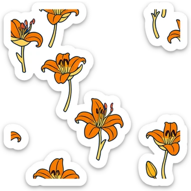 Artistic Japanese tiger lily (oniyuri) flower with stylized composition reminiscent of kimono patterns, orange recurved petals with black spots, gold accents, on indigo background sticker