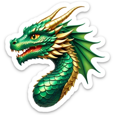 Cinematic Noble Dragon Portrait Emoji, Poised and majestic, with a sinuous, elongated body covered in intricately detailed, shimmering scales in hues of emerald and gold, and piercing, fiery eyes that reflect ancient wisdom; rendered with lifelike texture and natural highlights, high shine, intelligent and formidable, styled with an aura of mythic power, focused and attentive, soft glowing outline, capturing the essence of a legendary dragon that appears ready to soar out of the screen with timeless authority! sticker