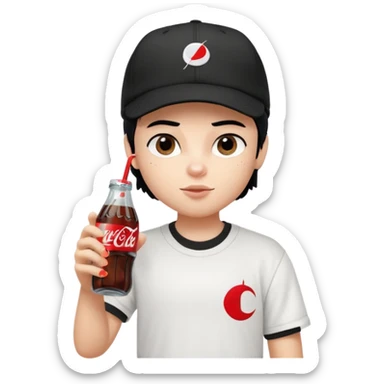 generate a pretty bratz boy with a nike black baseball cap, a white tshirt and drinking coke , black hair sticker