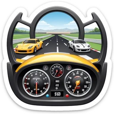 An icon showing a racing game interface, inspired by Grand Turismo. The design features a garage with a selection of high-performance cars, along with race track visuals in the background. Speedometer, lap timer, and other HUD elements add to the excitement. Transparent background sticker