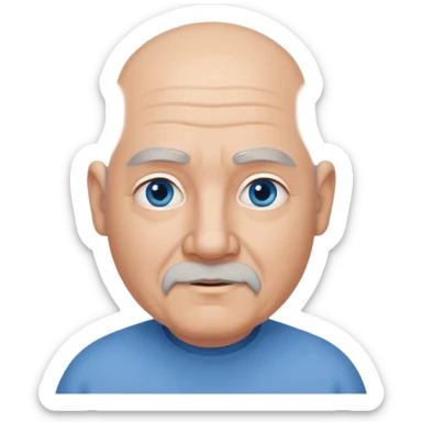 75,  bald, grey side hair, chubby, blue eyes, goatee sticker