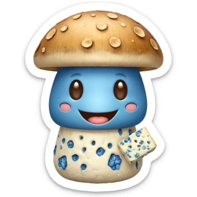 Smiling mushroom holding a stinky blue cheese sticker