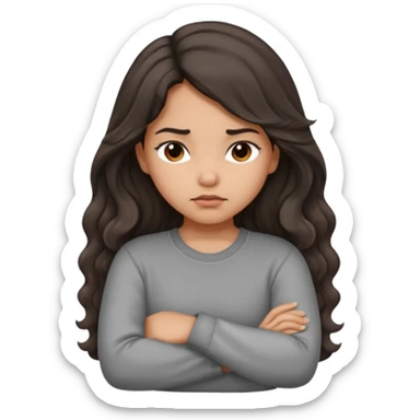 Hispanic girl with long dark brown wavy hair arms folded and  pouting. Gray long sleeve sticker