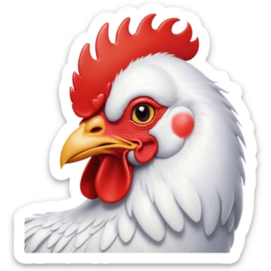 Cinematic Cute White Rooster Portrait Emoji, Head tilted playfully and inquisitively, featuring a glossy, immaculate white plumage with a vibrant red comb, round, sparkling eyes filled with curiosity, Simplified yet irresistibly adorable features, highly detailed, glowing with a warm, friendly glow, high shine, affectionate and spirited, stylized with a touch of farmyard whimsy, bright and endearing, soft glowing outline, capturing the essence of a mischievous yet loving rooster, so playful it feels like it could strut out of the screen and into your arms! sticker