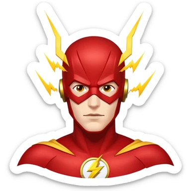 face of The Flash superhero with red mask and yellow lightning bolts sticker