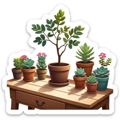 Close-up of a potted sapling with vibrant flowering plants around it, in rich soil. Sunlight filters through the window, casting soft shadows. Cozy indoor garden with blooming flowers, succulents, and gardening tools placed neatly on a wooden table. sticker