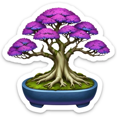 Futuristic wild glowing et alien moss maples Bonsai hair-fine-leaf group crimson crystal boxwood purple and cream pink blue informal rocky cliffhanger eight tree forest planting in shallow slab style pot with big feet  sticker