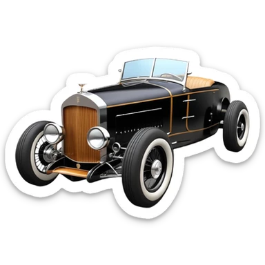 Batgirl’s black Bare bones modified (fenders removed) chopped streamlined sporty roadster that is a (stripped down) hot street rodded engine sports car 1932 Rolls Royce Woody futuristic  wide racing wheels that are held strong by advanced suspension and steering sticker
