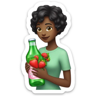 black girl, brown eyes, short black hair hugging a bottle of strawberry volvic sticker
